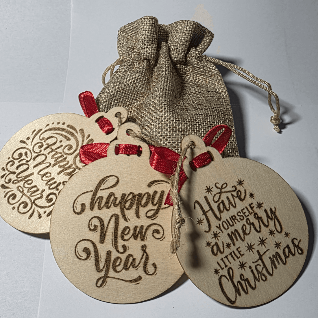 New Wooden Holiday Ornaments: Laser Engraved, Ribbon-Ready, Gift Pouch Included