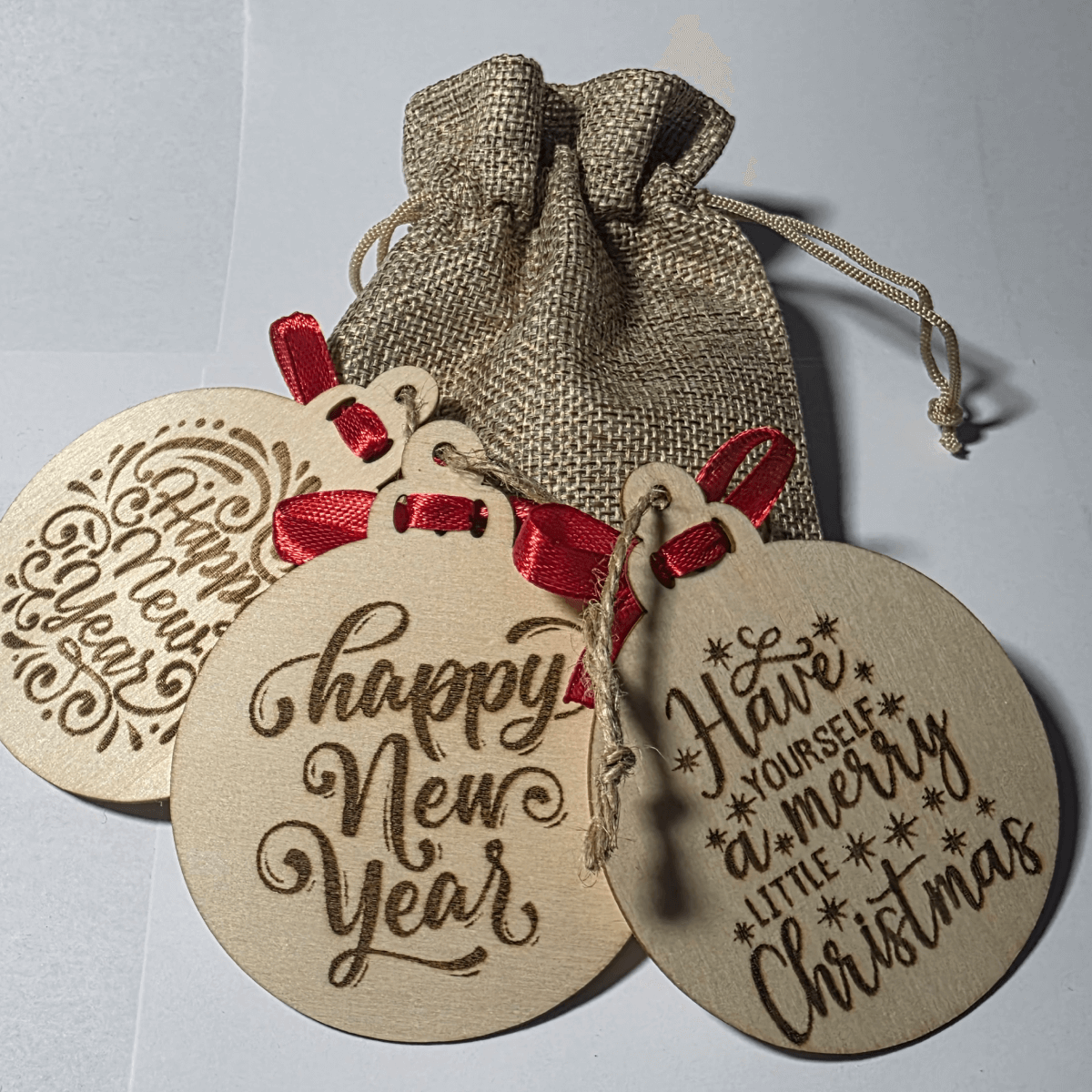 New Wooden Holiday Ornaments: Laser Engraved, Ribbon-Ready, Gift Pouch Included