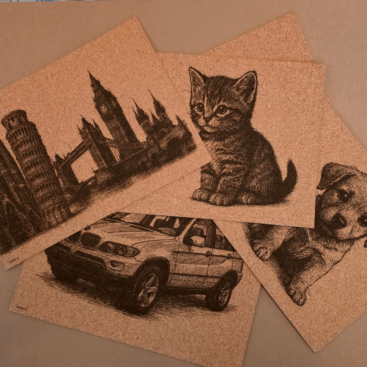 Assorted engraved A4 cork sheets — car sketch, kitten, puppy and city landmarks — desk pads and frame-ready art