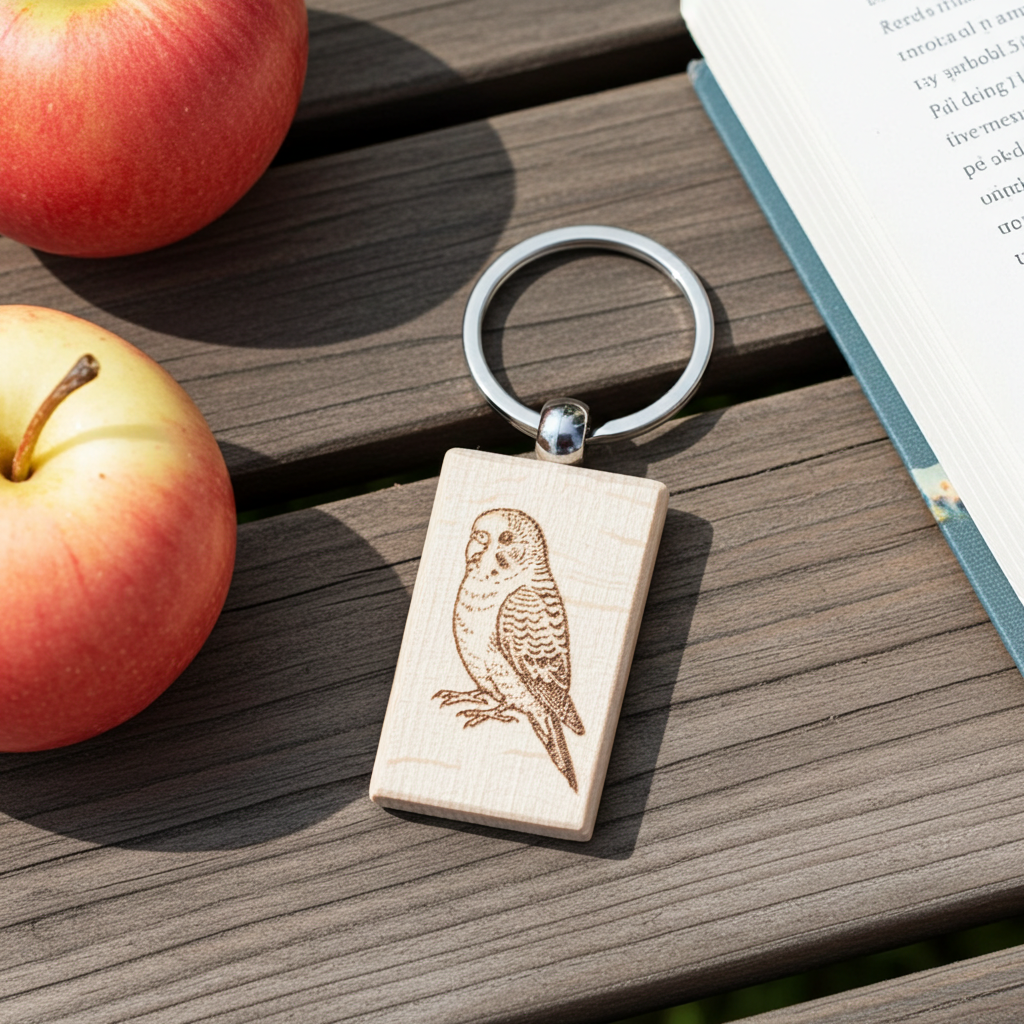 "Cheerful Budgie" Double-Sided Wooden Keychain – Handcrafted Beech Wood Gift for Bird Lovers