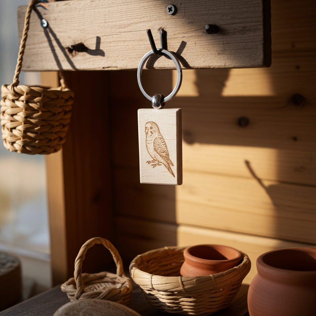 "Cheerful Budgie" Double-Sided Wooden Keychain – Handcrafted Beech Wood Gift for Bird Lovers