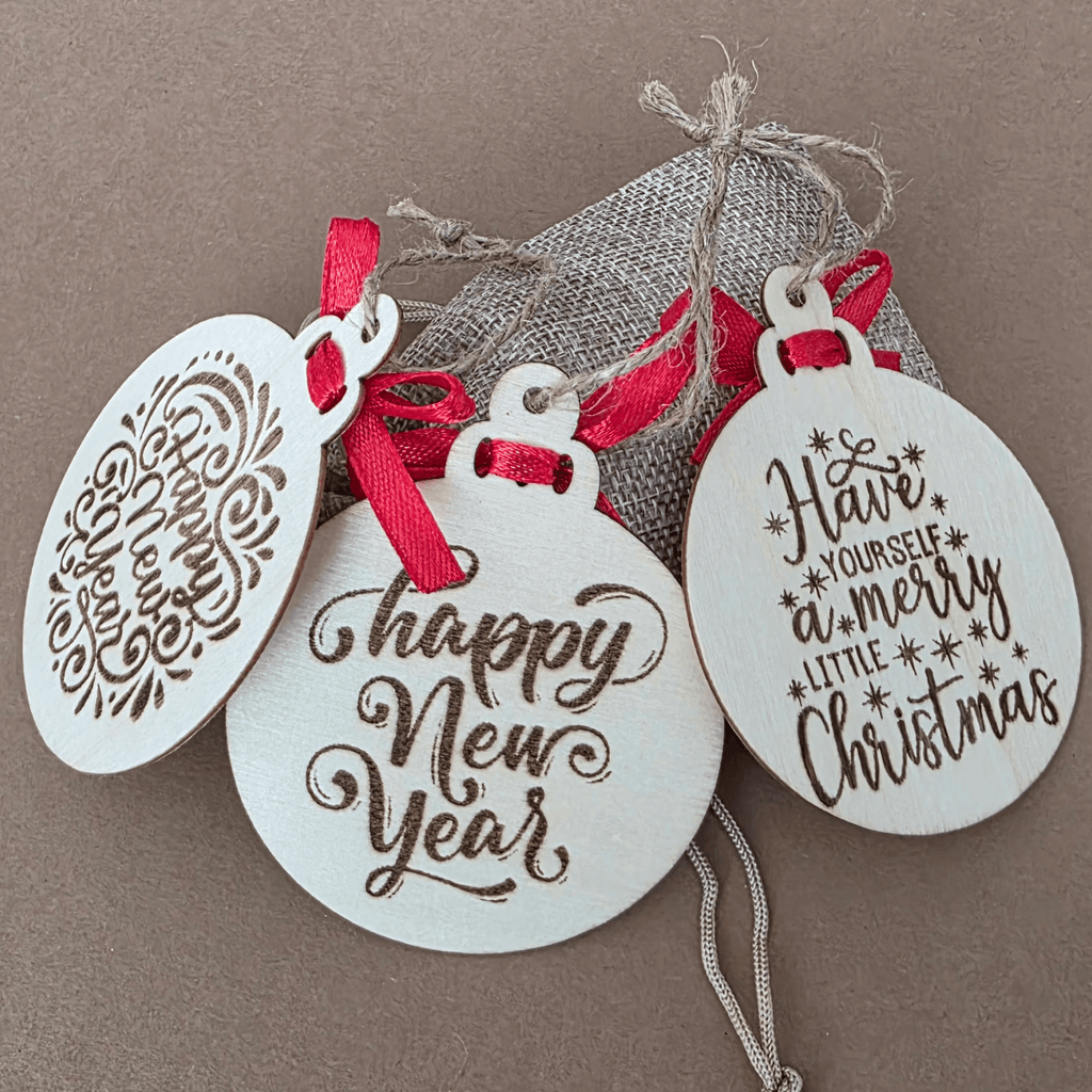 Holiday Wooden Ornaments — Set of 3 with Red Ribbons & Gift Pouch