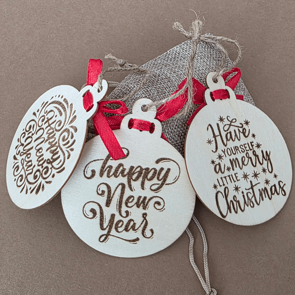 Holiday Wooden Ornaments — Set of 3 with Red Ribbons & Gift Pouch