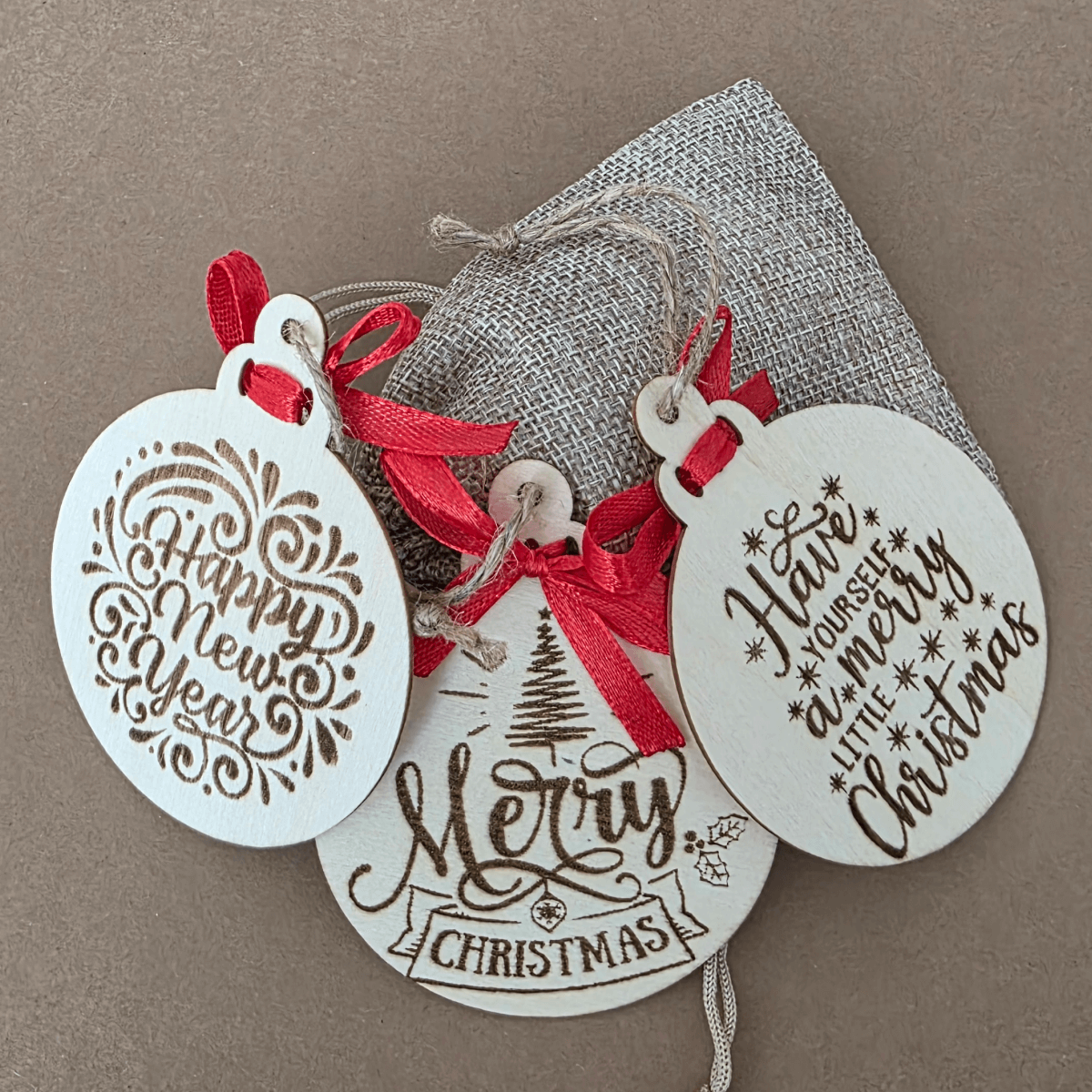 Holiday Wooden Ornaments — Set of 3 with Red Ribbons & Gift Pouch