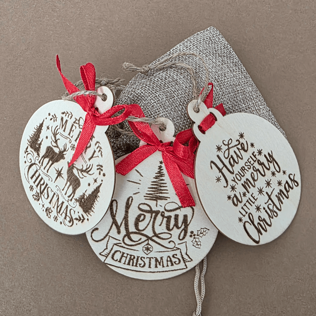 Holiday Wooden Ornaments — Set of 3 with Red Ribbons & Gift Pouch