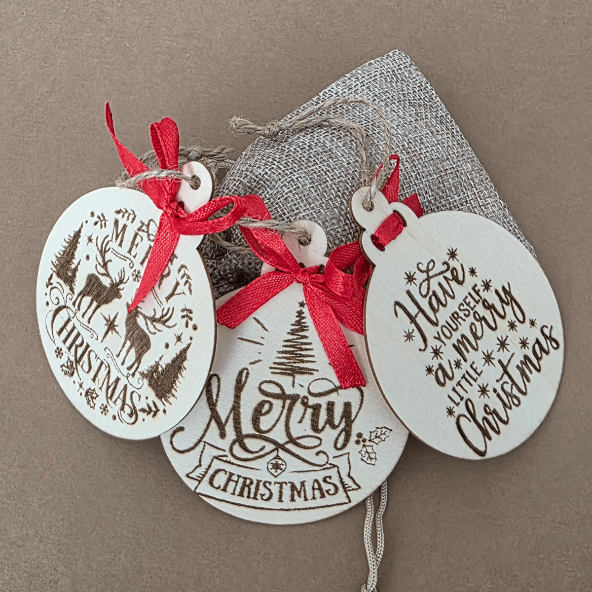 Holiday Wooden Ornaments — Set of 3 with Red Ribbons & Gift Pouch