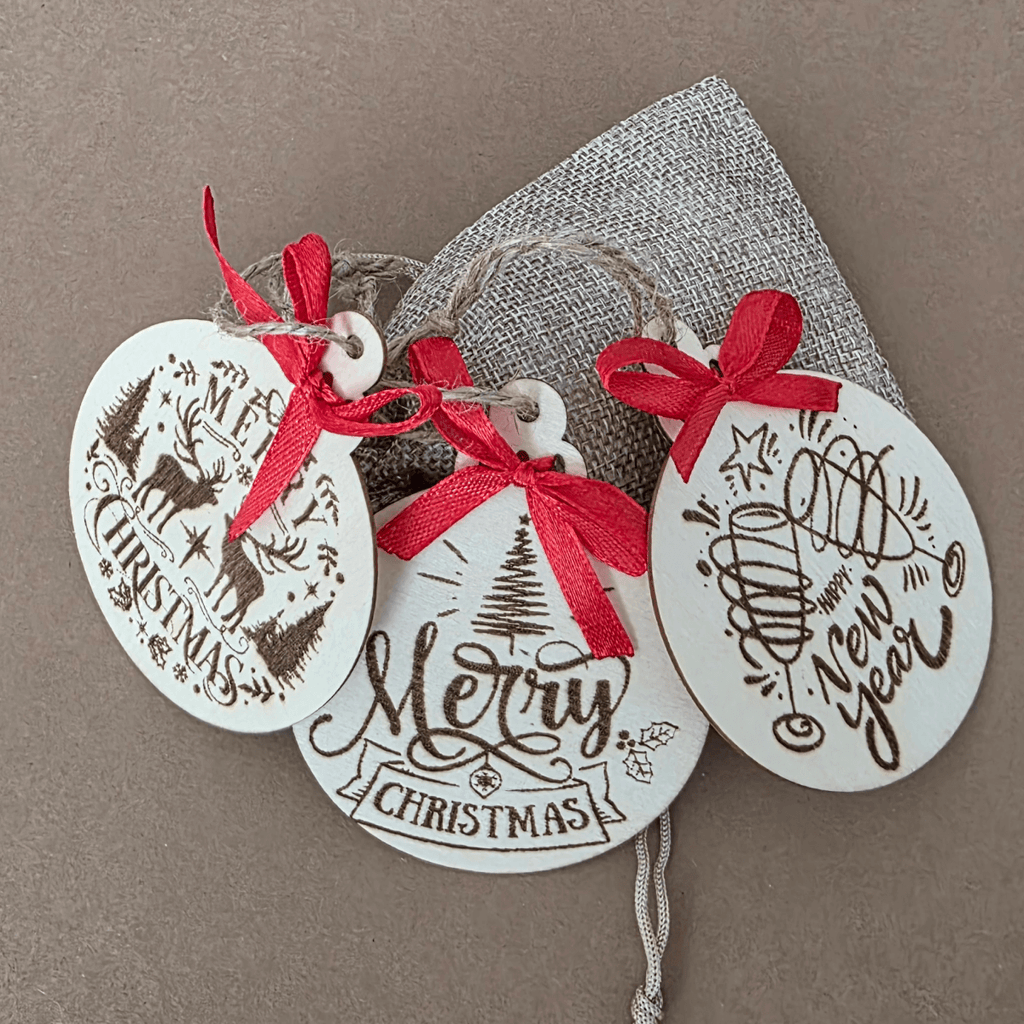Holiday Wooden Ornaments — Set of 3 with Red Ribbons & Gift Pouch