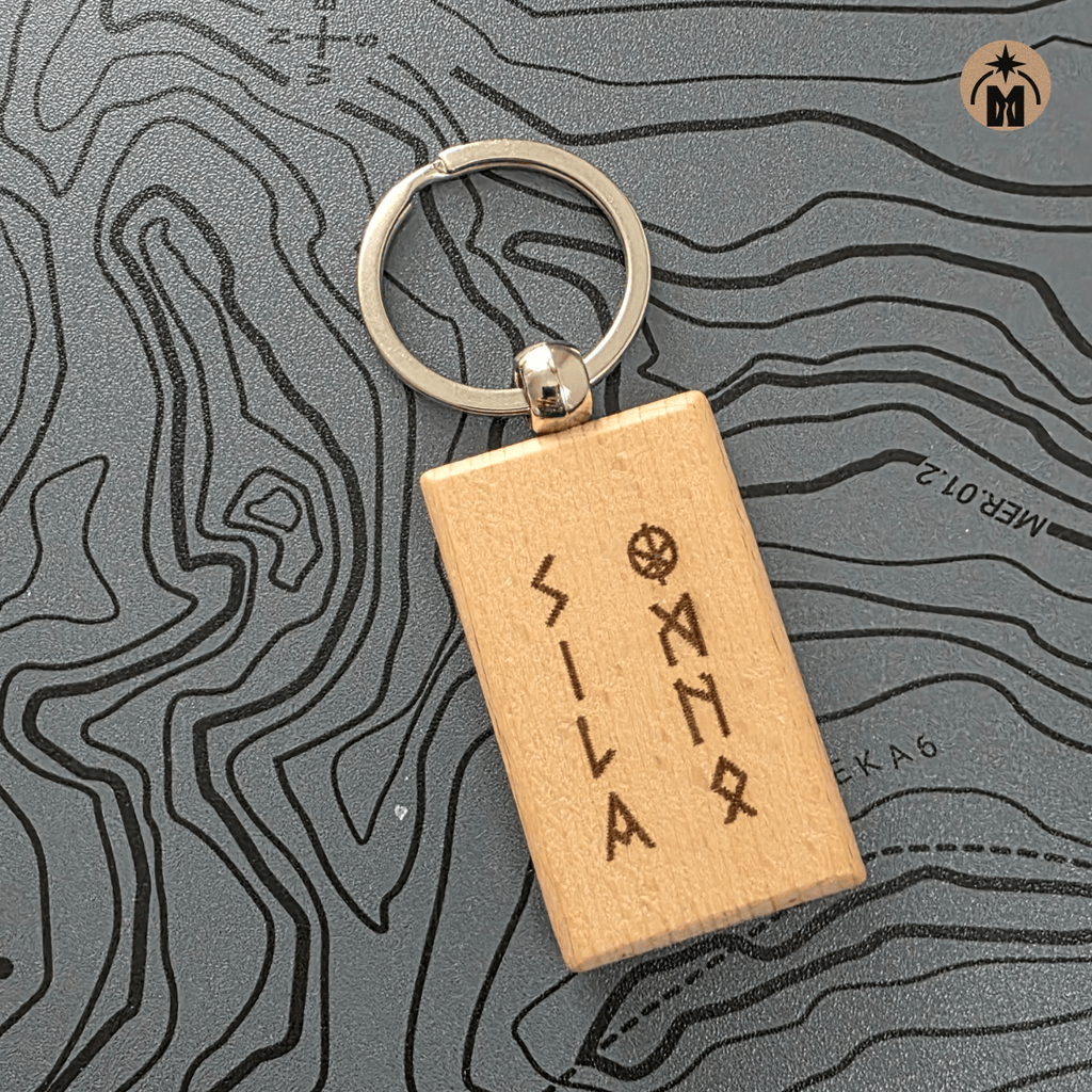 Beech wood keychain with runes meaning Power of Fire and metal key ring