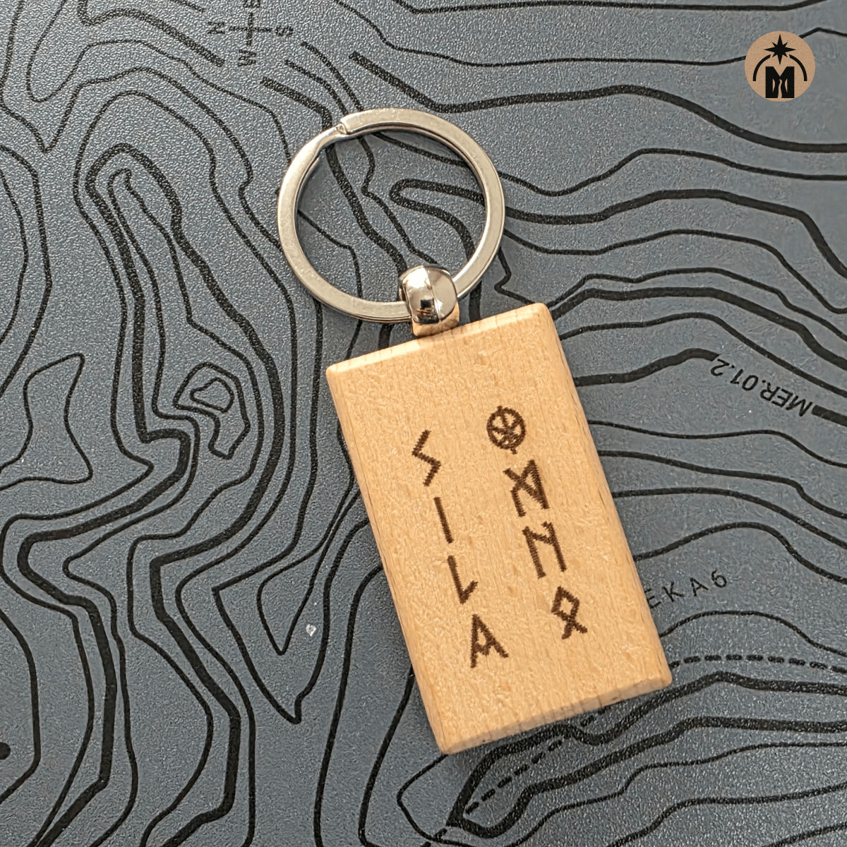 Beech wood keychain with runes meaning Power of Fire and metal key ring