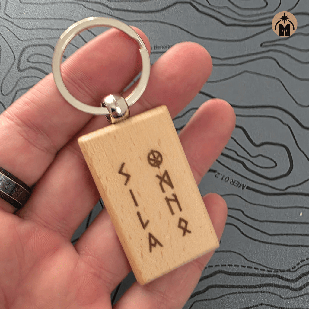 Beech wood keychain with runes meaning Power of Fire and metal key ring