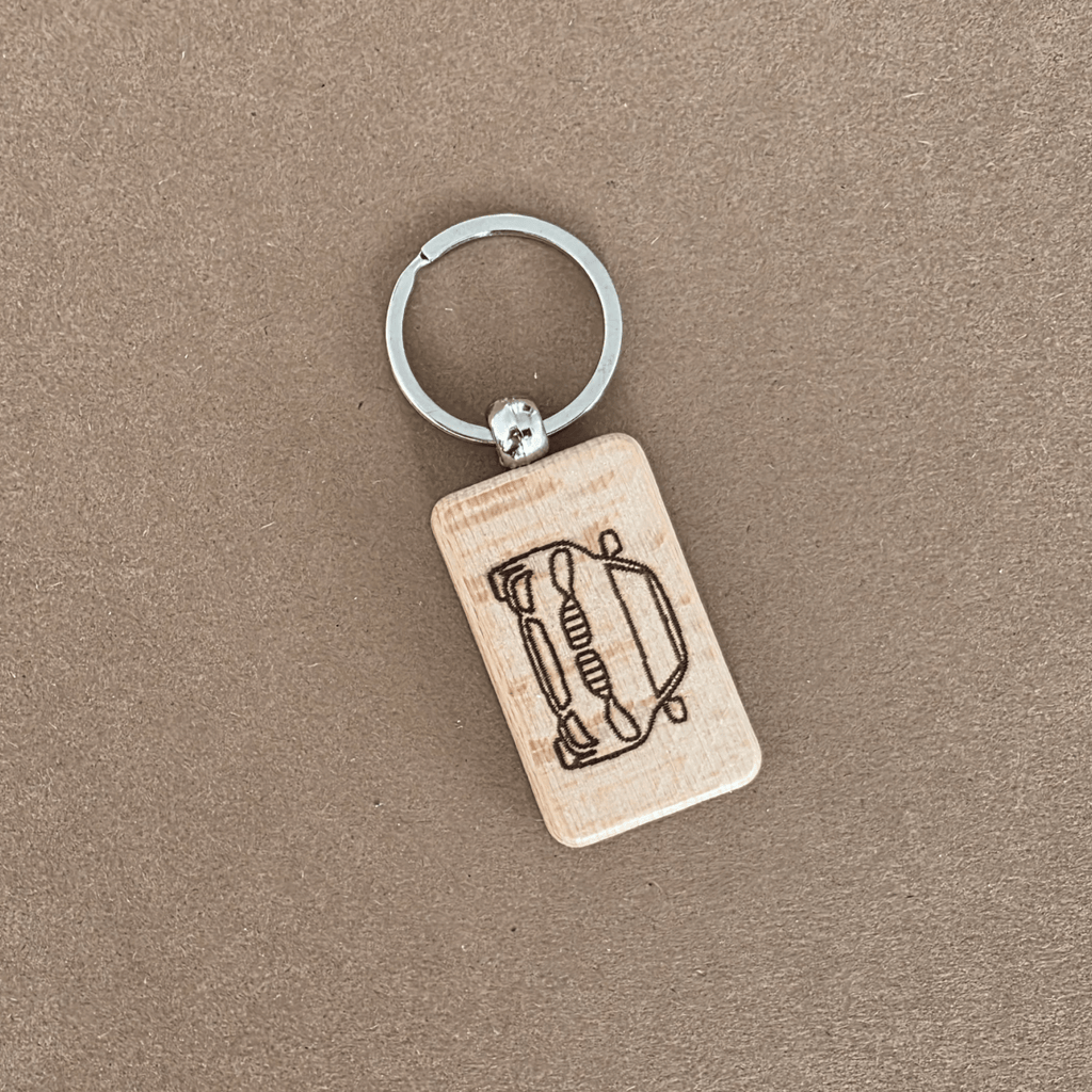 Beech keychain with engraved car front — double-sided