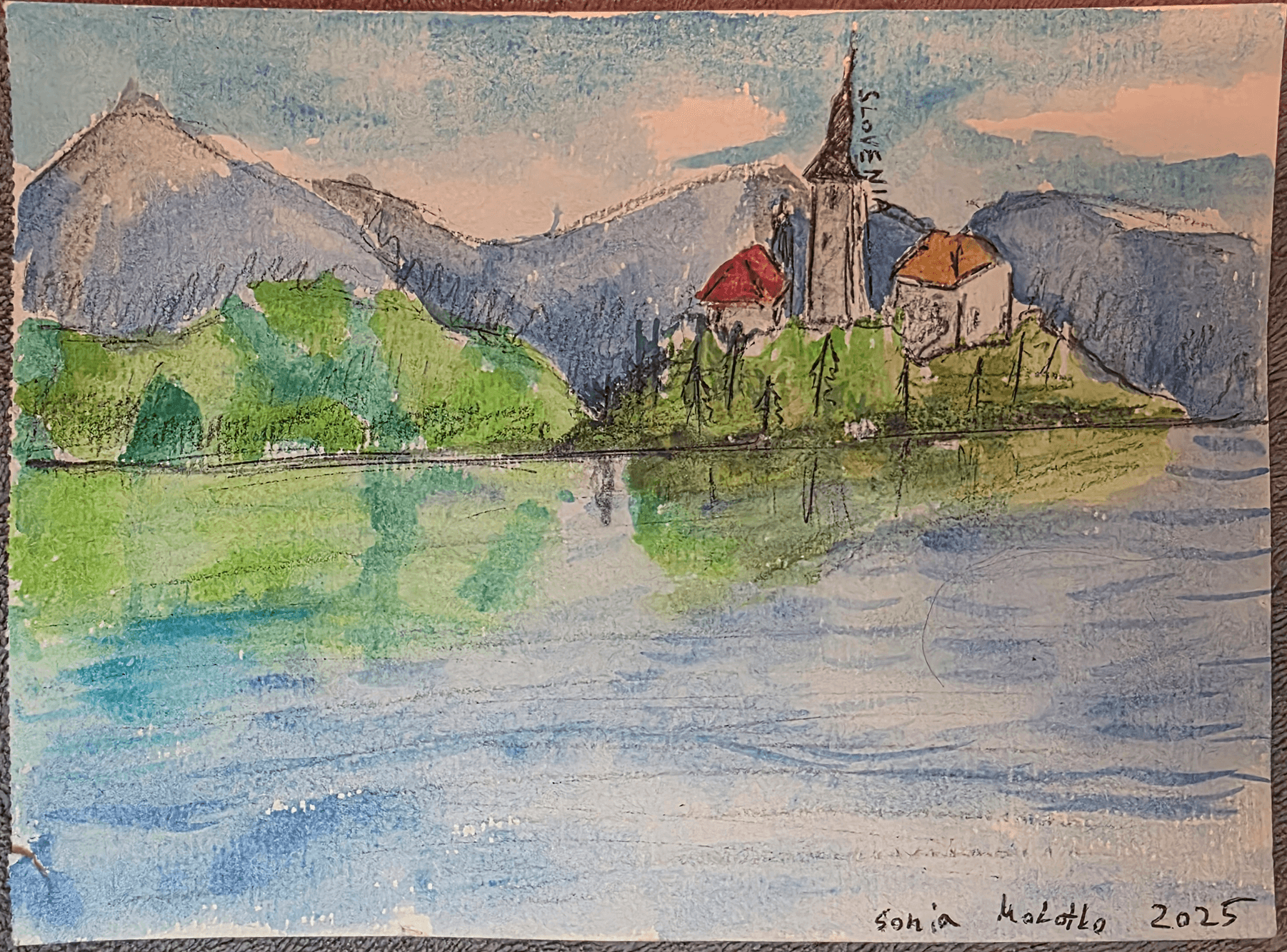 Watercolor of Lake Bled with island church