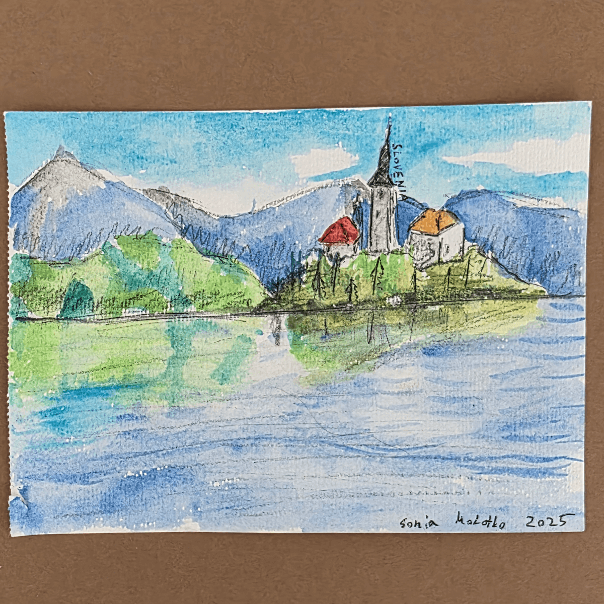Watercolor of Lake Bled with island church