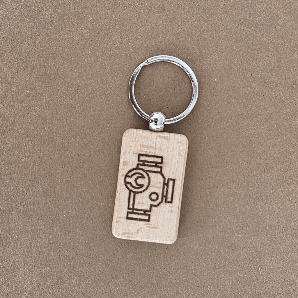 Beech wooden keychain with laser-engraved service/maintenance icon