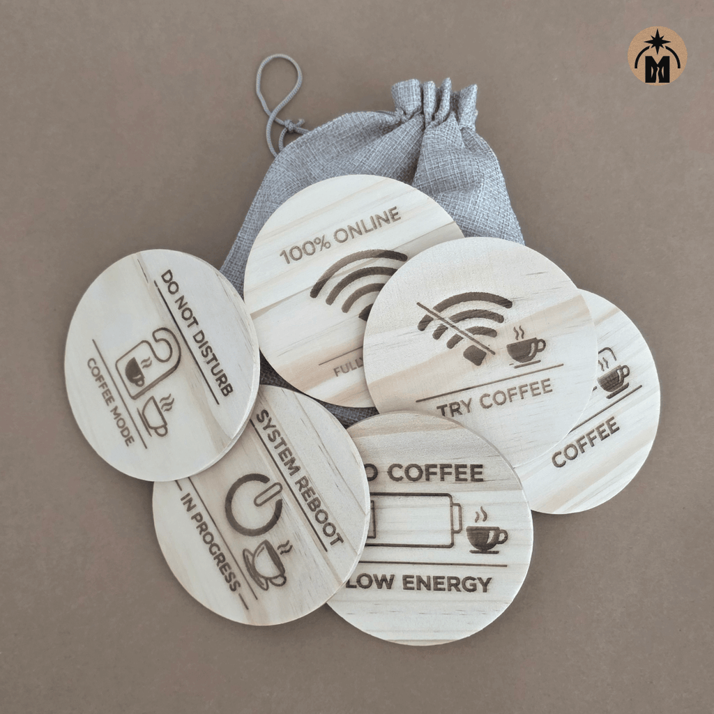 Coffee Status wooden coaster set of 6 in a cloth drawstring pouch, engraved funny tech coffee designs, anti-slip rubber feet
