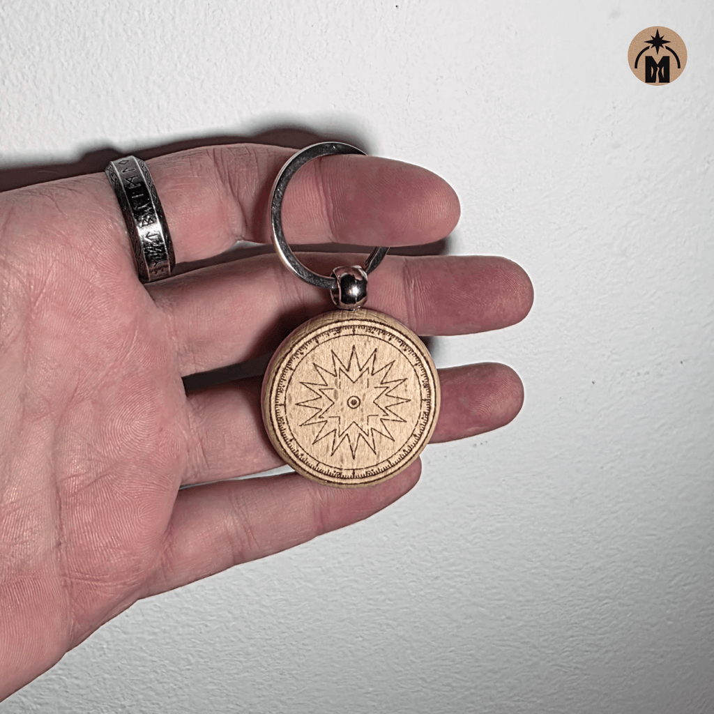 Double-sided wooden compass keychain with steel ring, laser-engraved compass rose