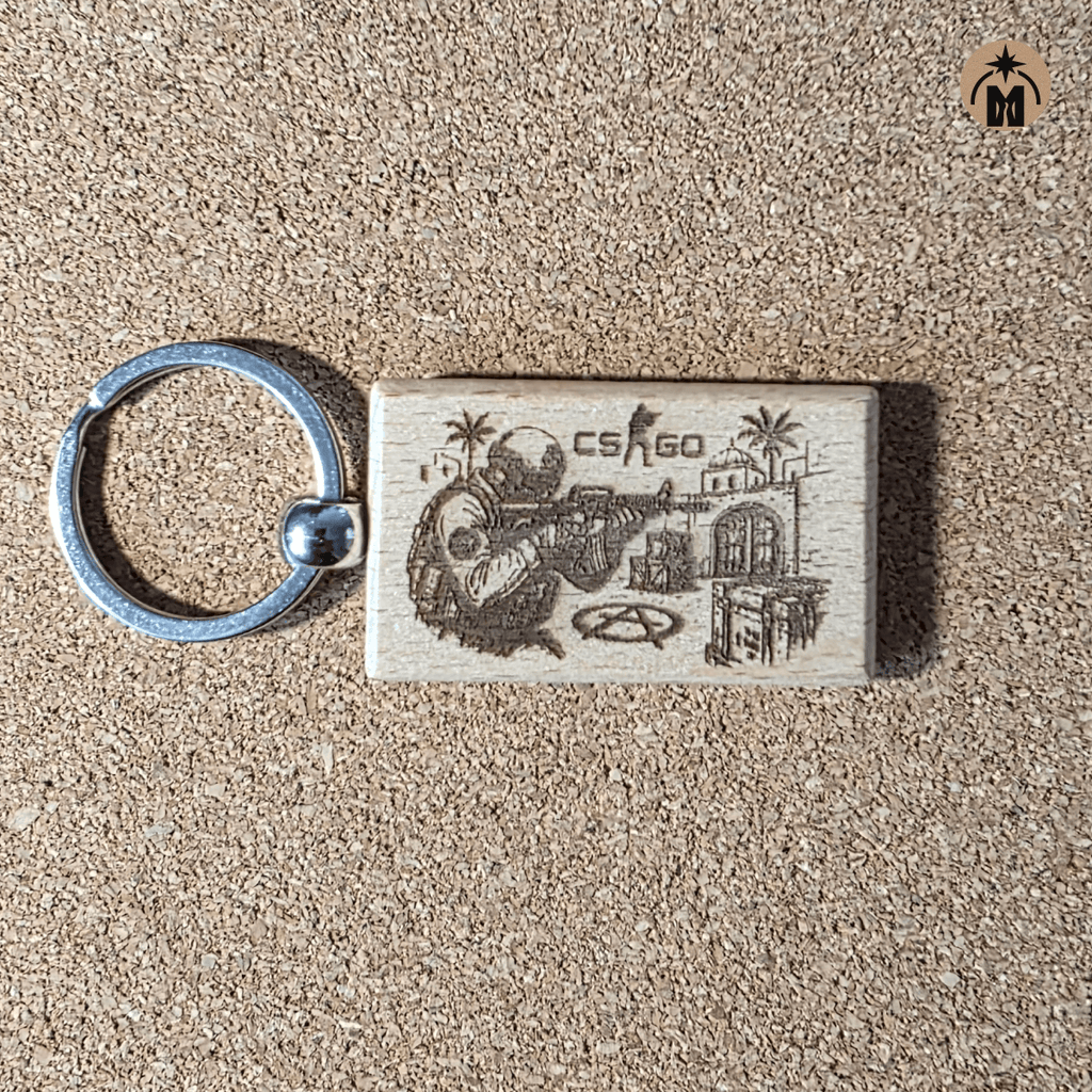 Double-sided wooden keychain with tactical gamer style laser engraving on beech wood
