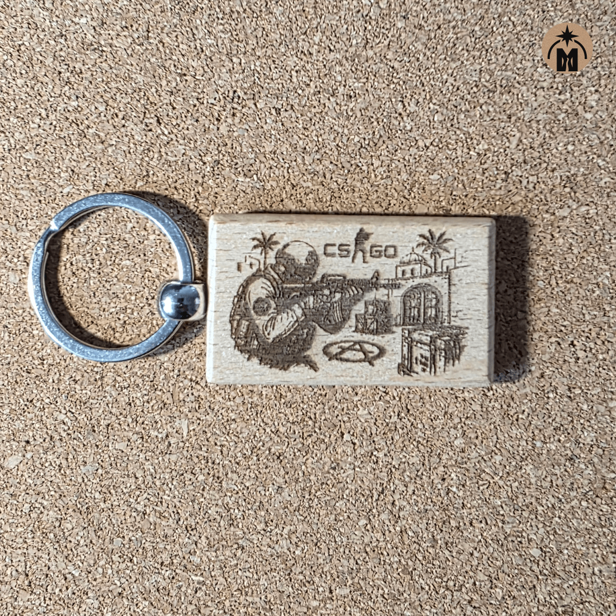 Double-sided wooden keychain with tactical gamer style laser engraving on beech wood