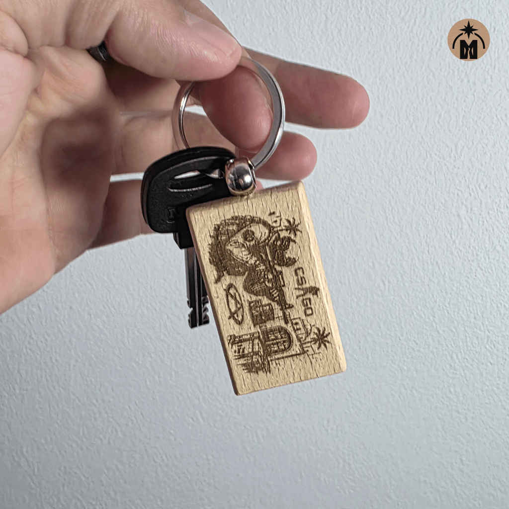 Laser engraved wooden key fob for tactical shooter and gaming fans