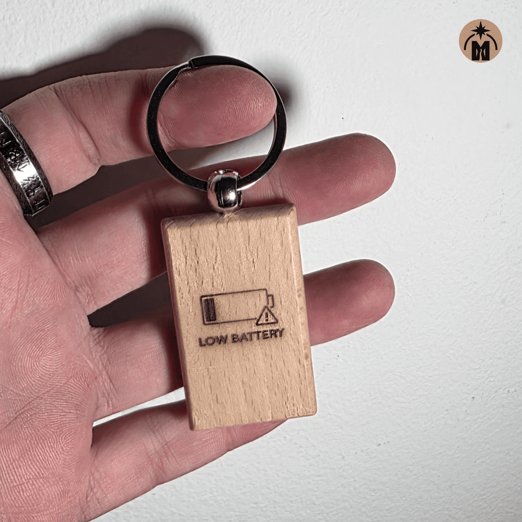 Beech wood key fob engraved with low battery icon and warning symbol, double-sided keychain