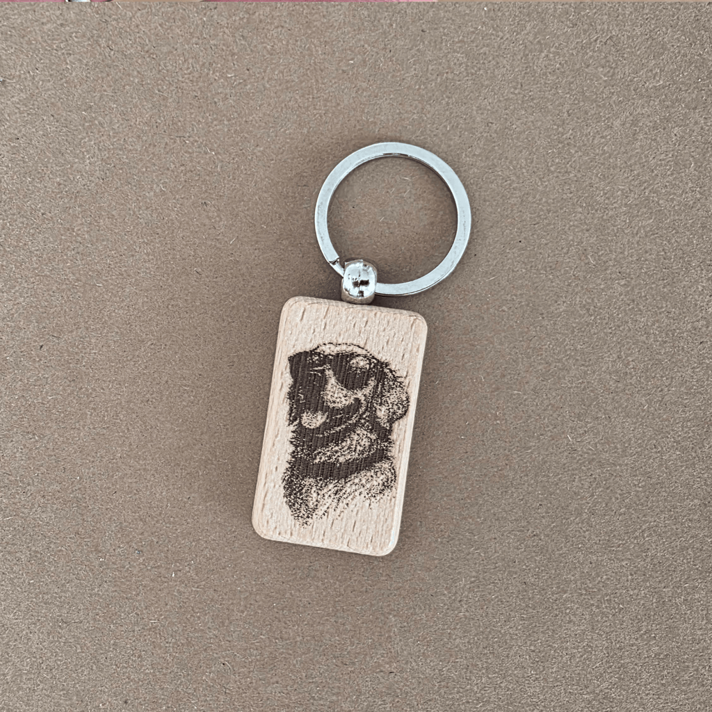 Beech wooden keychain with laser-engraved dog wearing sunglasses (double-sided)