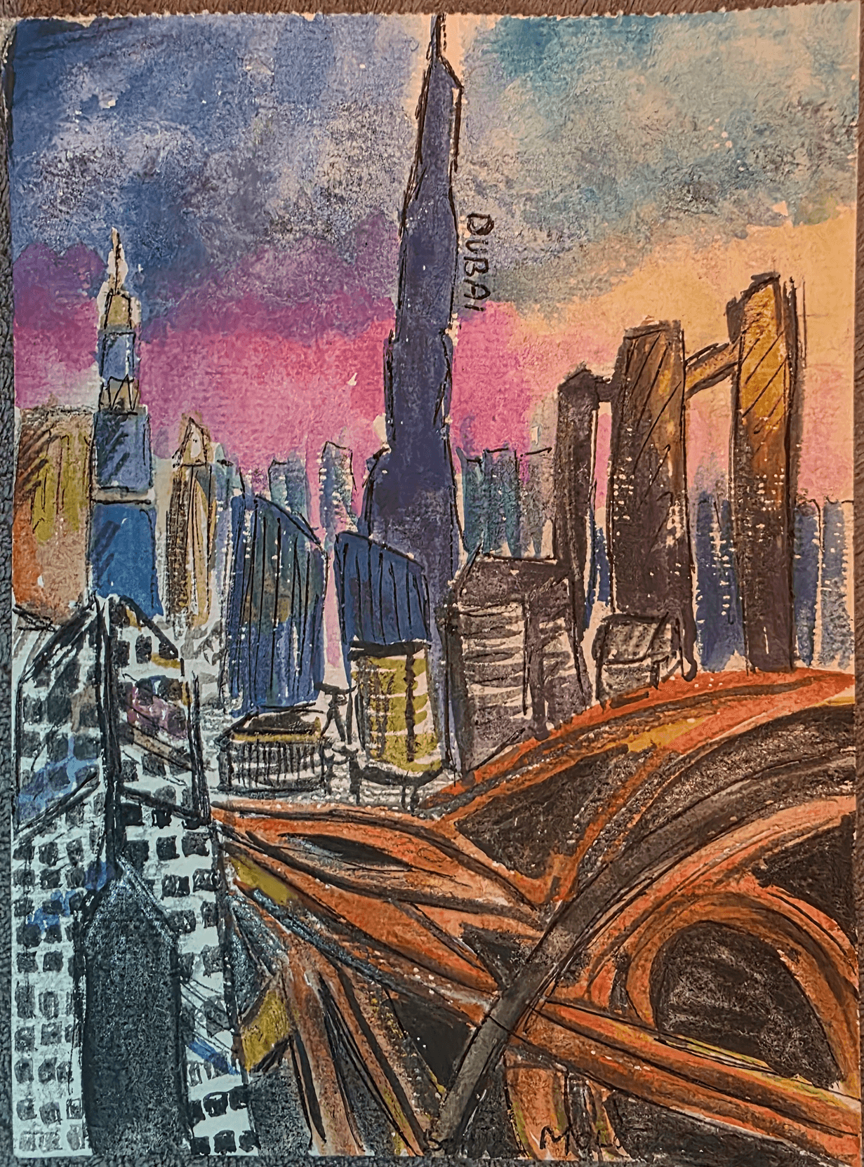 Original city night scene on watercolor paper