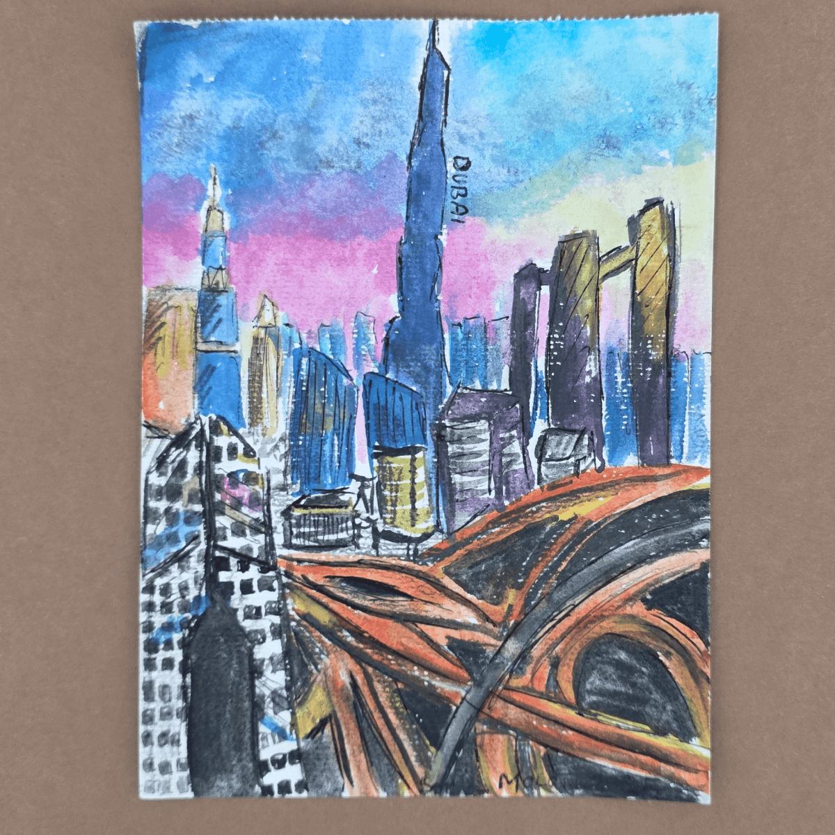 Original city night scene on watercolor paper