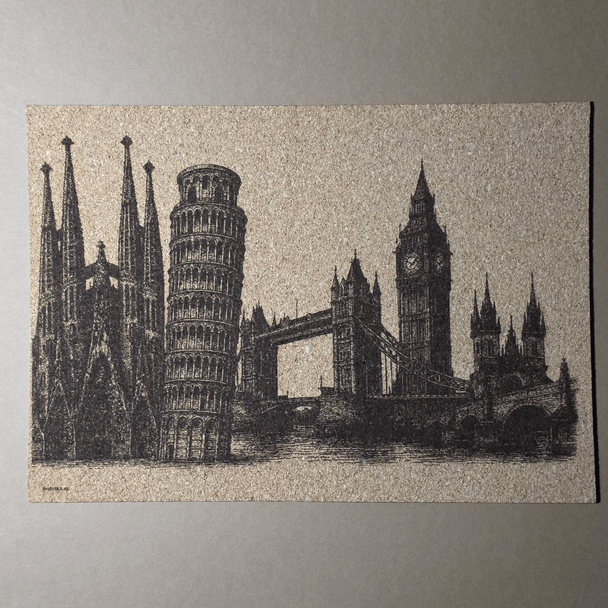 Engraved cork artwork — Sagrada Família, Pisa, Tower Bridge, Big Ben on A4 sheet