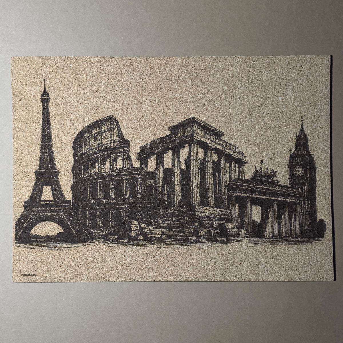 A4 cork mousepad with laser-engraved collage of Eiffel Tower, Colosseum, Parthenon, Brandenburg Gate and Elizabeth Tower