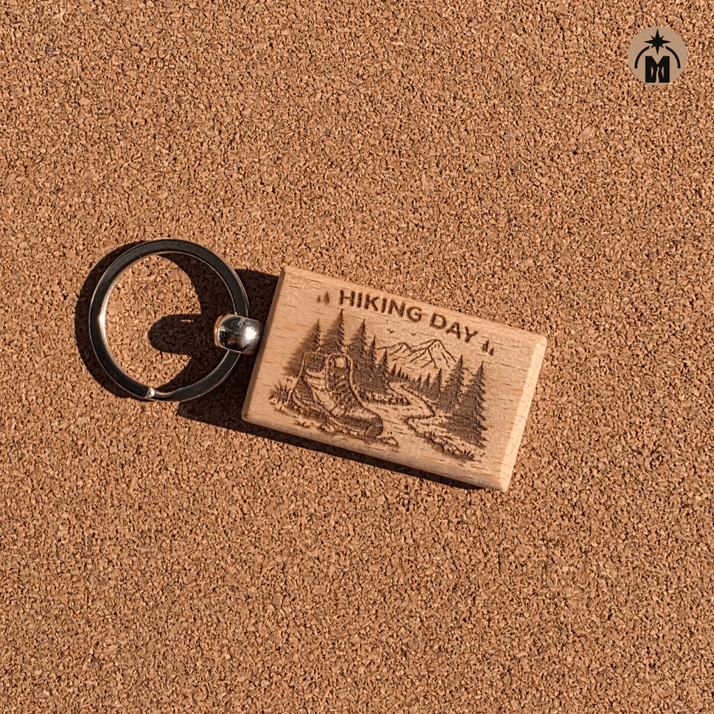 Mountain hiking themed wooden key fob for outdoor lovers and travelers