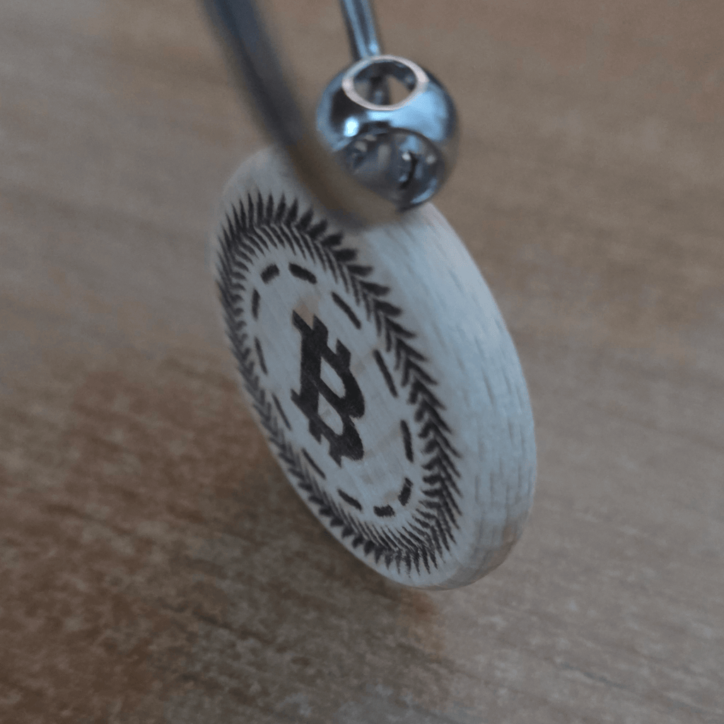 Round Wooden Key Ring. Double-Sided Laser Engraving (Bitcoin)