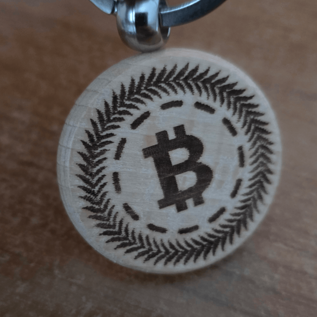 Round Wooden Key Ring. Double-Sided Laser Engraving (Bitcoin)