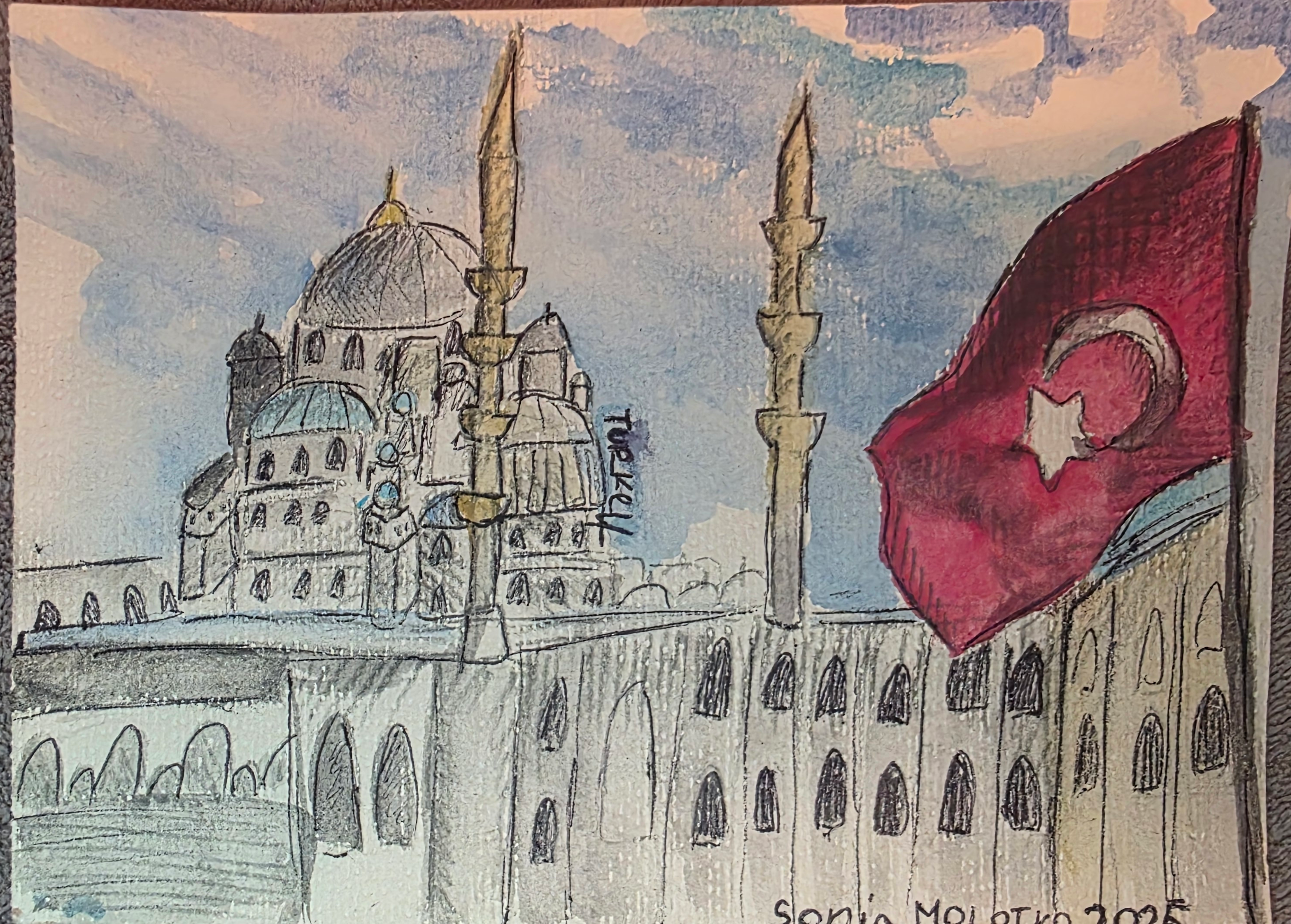 Original watercolor of Istanbul mosque and red flag