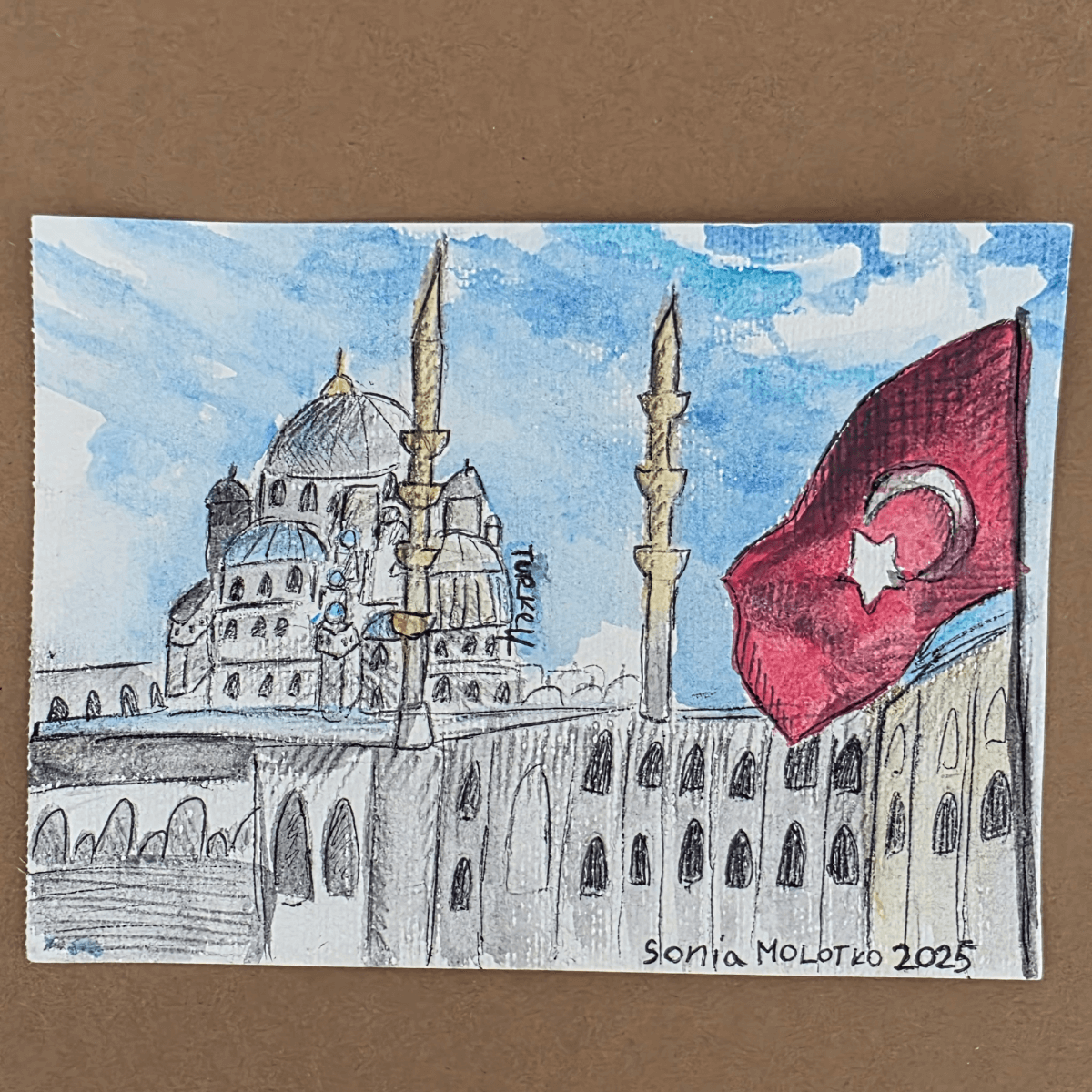 Original watercolor of Istanbul mosque and red flag