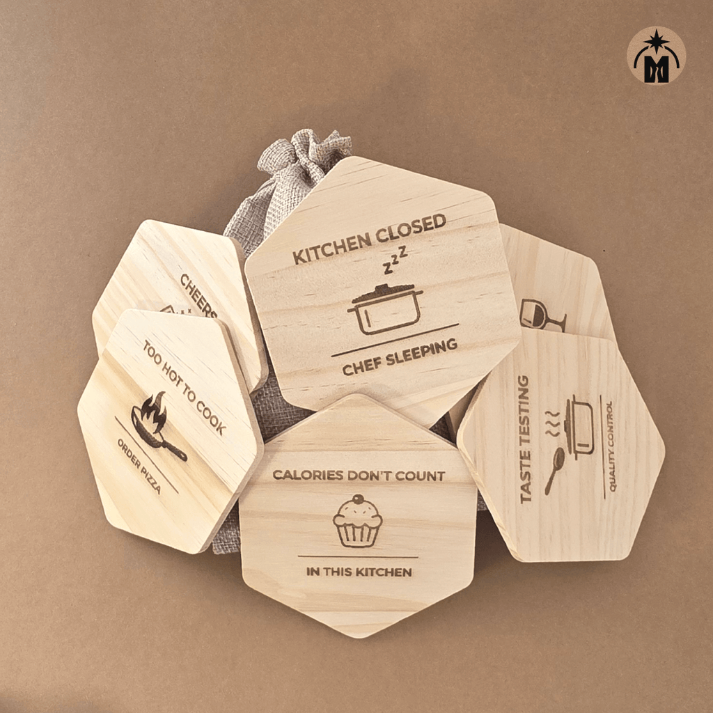Funny Kitchen wooden hexagon coaster set of 6 with engraved quotes and cloth drawstring pouch