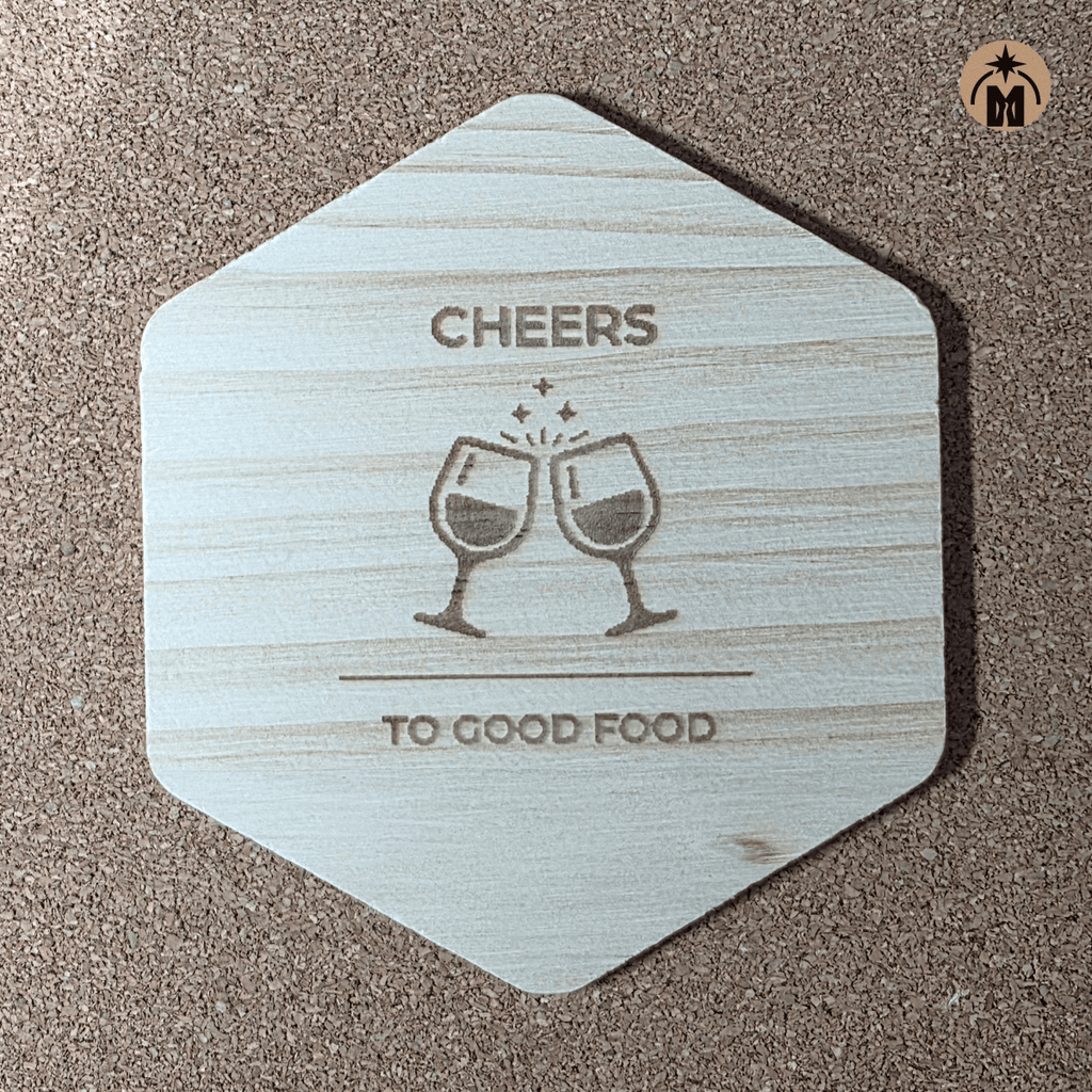Wooden coaster with two wine glasses engraving – “Cheers To Good Food”