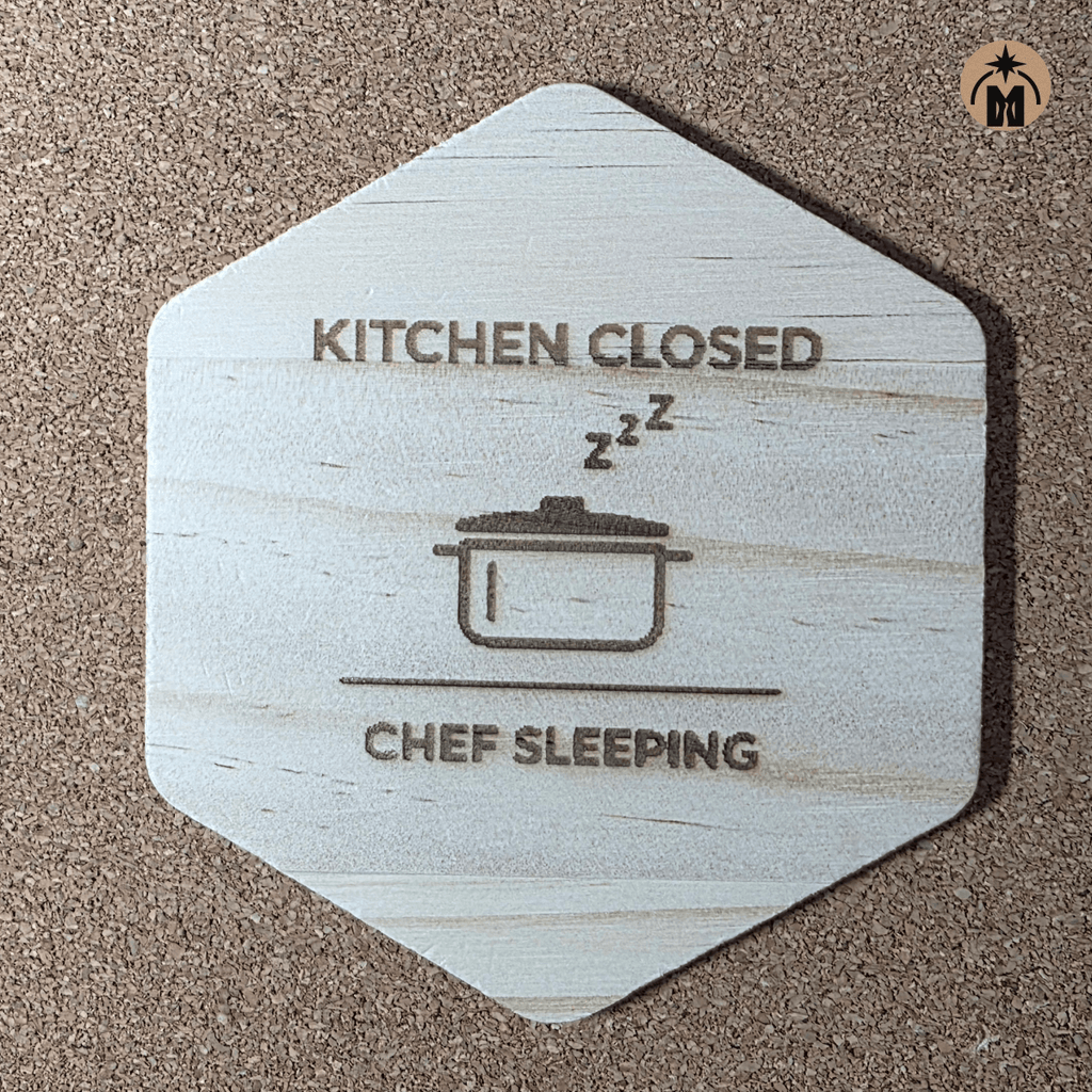 Engraved wooden coaster with cooking pot icon – “Kitchen Closed Chef Sleeping”