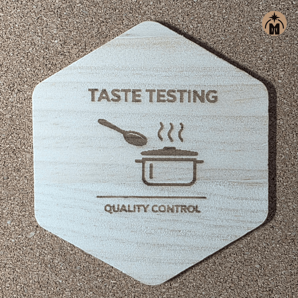 Wooden coaster with pot and spoon engraving – “Taste Testing Quality Control”