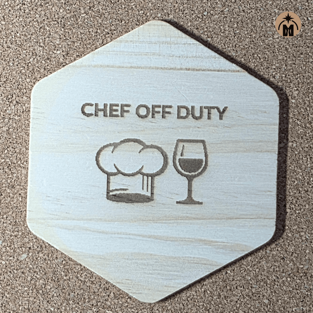 Funny kitchen wooden coaster with chef hat and wine glass engraving – “Chef Off Duty”