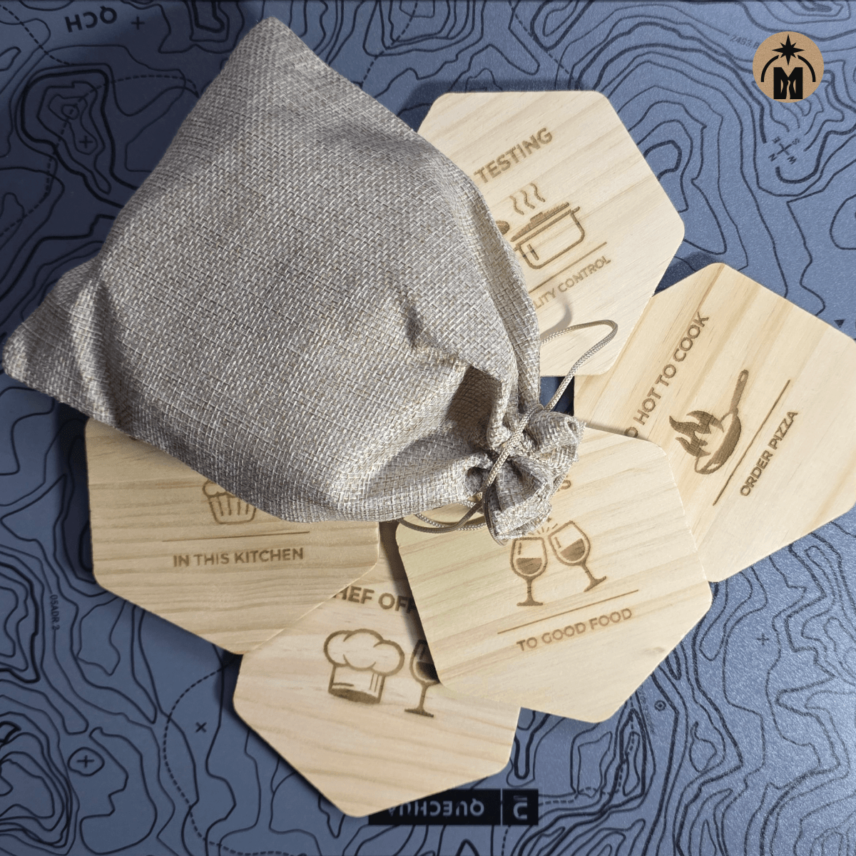 Funny Kitchen Wooden Coaster Set (6) – Engraved Hexagon Coasters with Anti-Slip Feet & Cloth Pouch