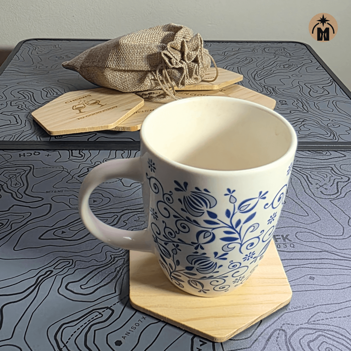 Funny Kitchen Wooden Coaster Set (6) – Engraved Hexagon Coasters with Anti-Slip Feet & Cloth Pouch