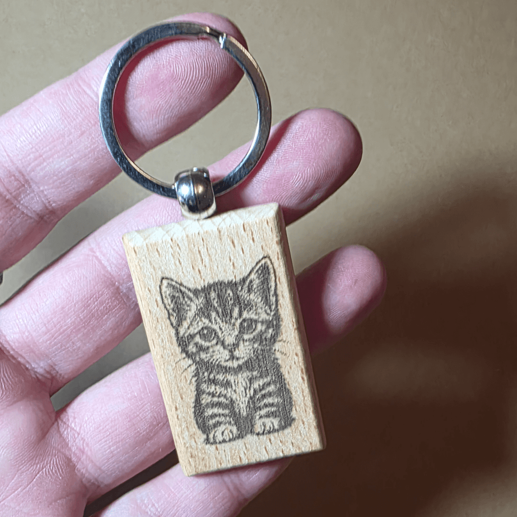 Double sided kitten laser engraved beech wood keychain with metal ring