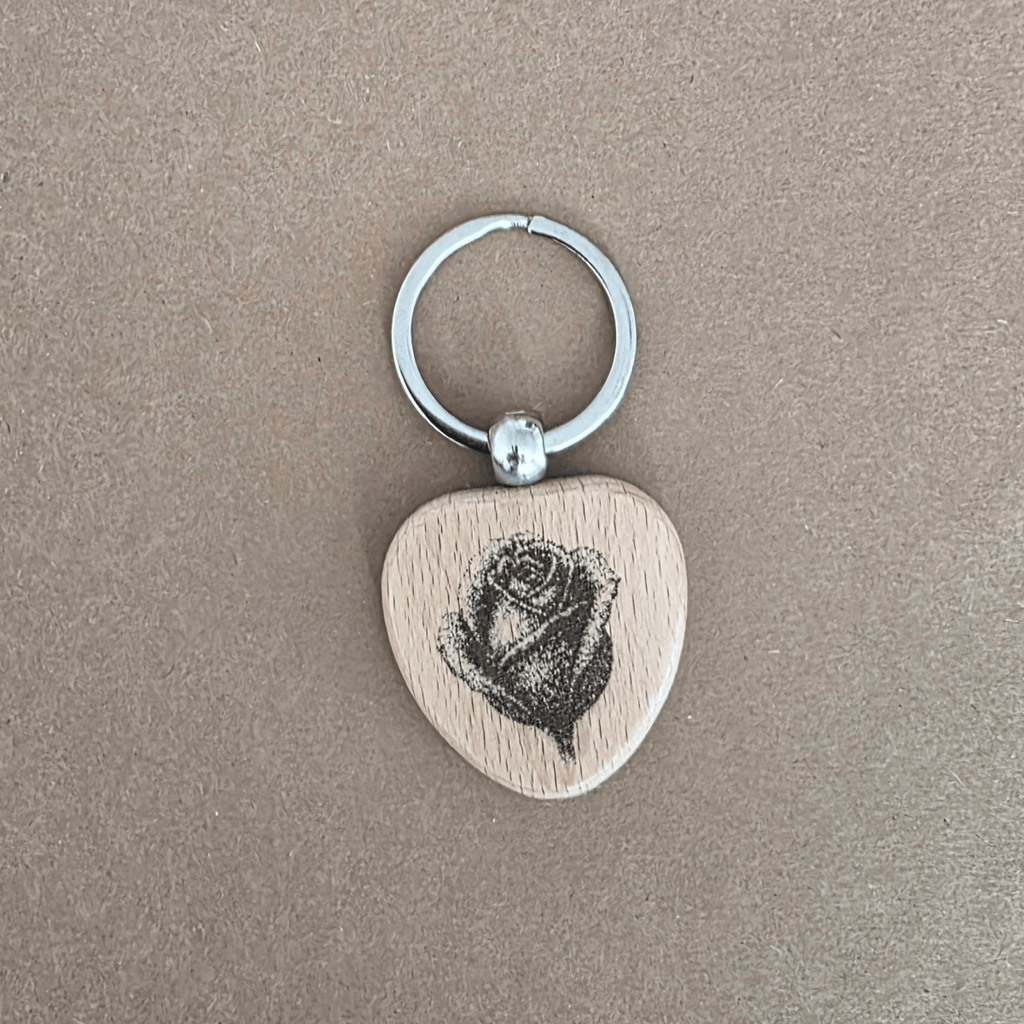 Romantic Gift Set — Wooden Hearts & Rose Keychain in Velvet Pouch