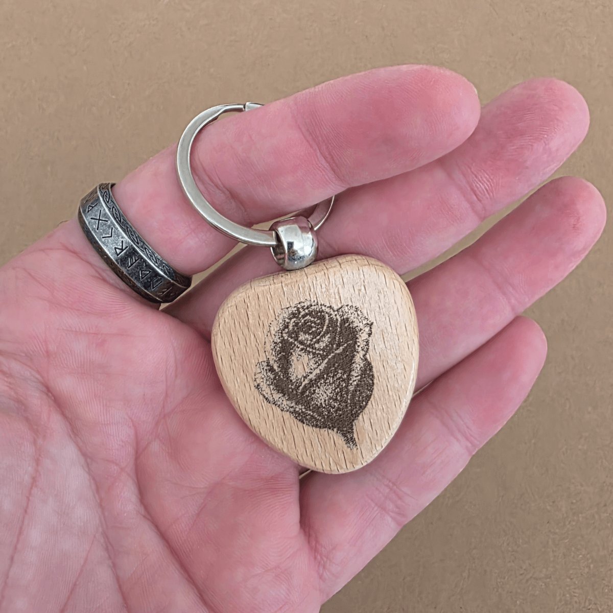 Romantic Gift Set — Wooden Hearts & Rose Keychain in Velvet Pouch