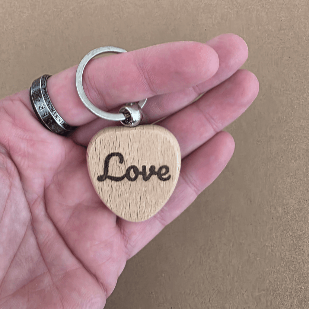 Romantic Gift Set — Wooden Hearts & Rose Keychain in Velvet Pouch