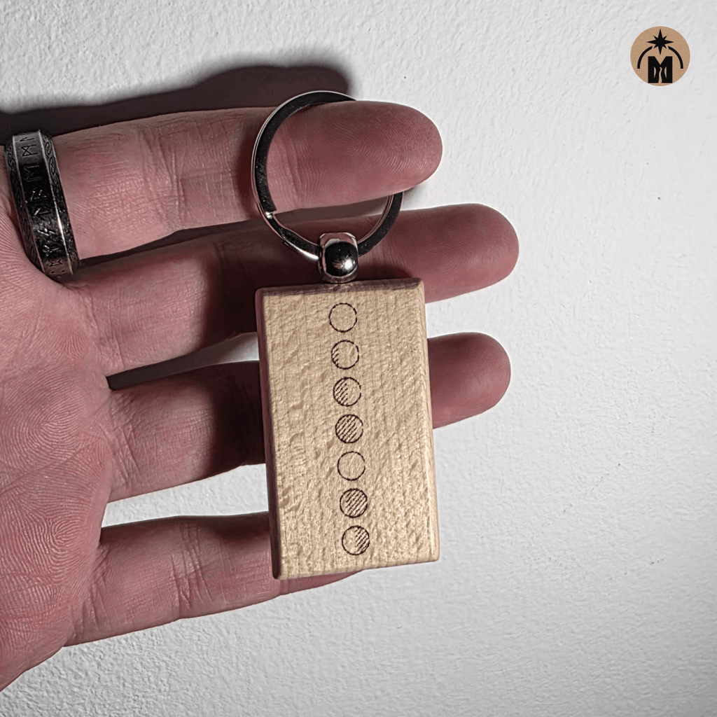 Double-sided wooden keychain with vertical moon phases engraving, beech wood, laser engraved
