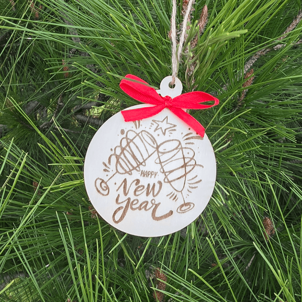 Holiday Wooden Ornaments — Set of 3 with Red Ribbons & Gift Pouch