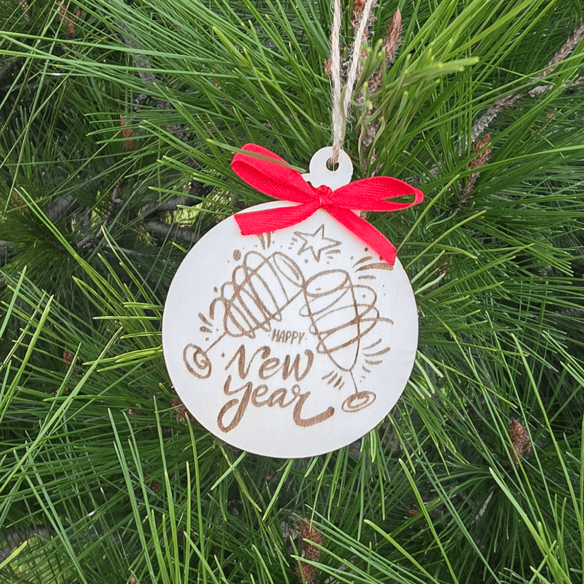 Holiday Wooden Ornaments — Set of 3 with Red Ribbons & Gift Pouch