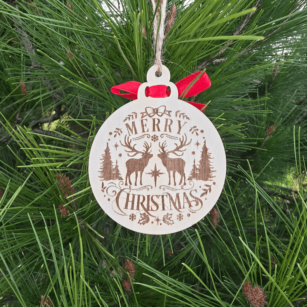 Holiday Wooden Ornaments — Set of 3 with Red Ribbons & Gift Pouch