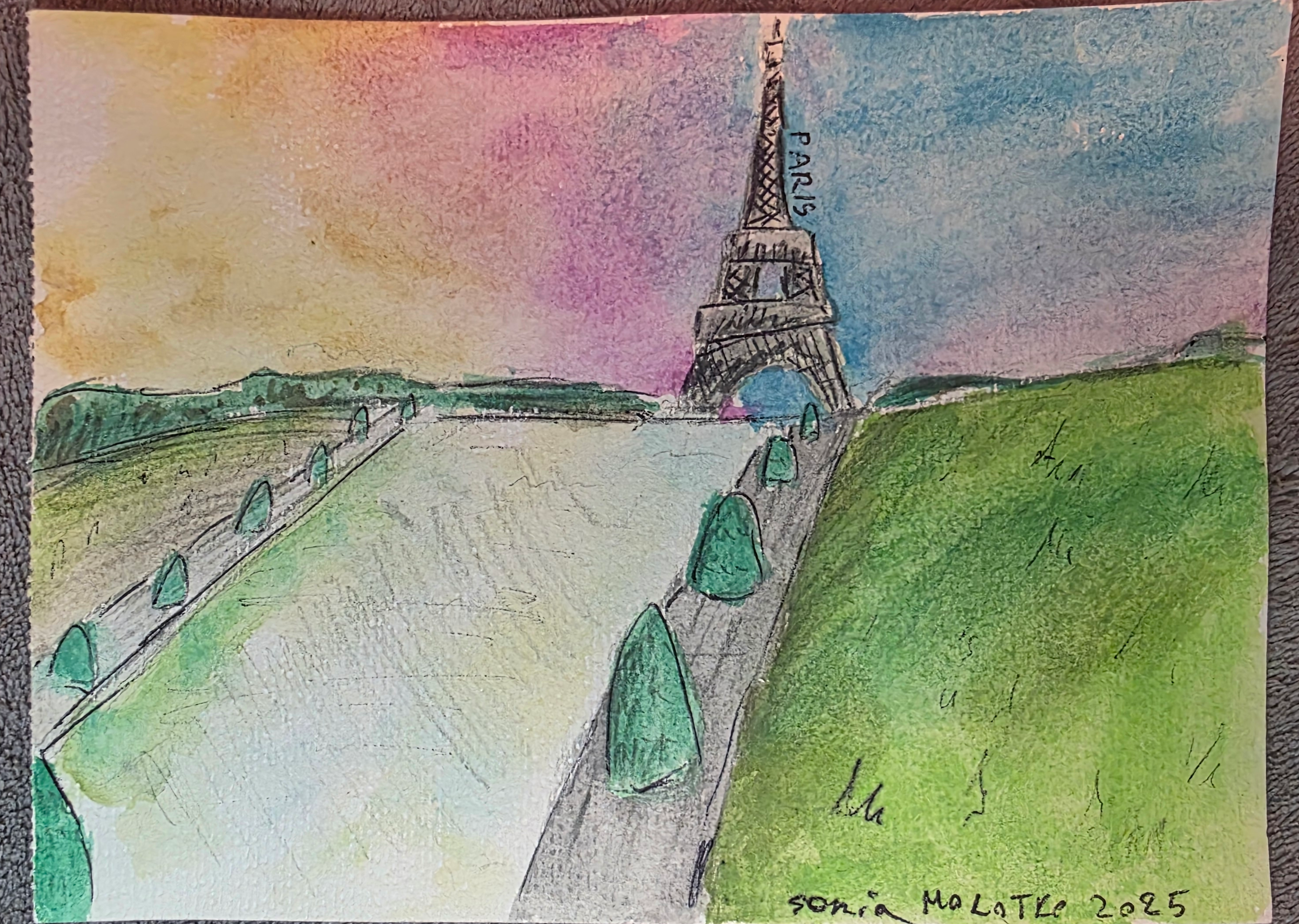 Watercolor of Eiffel Tower with sunset sky